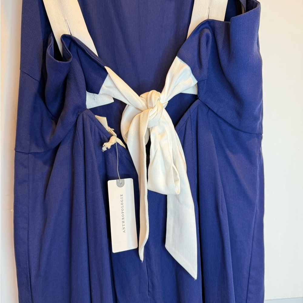 Anthropologie Navy Blue White Strap Wide Leg Jumpsuit Size M - Picture 8 of 10